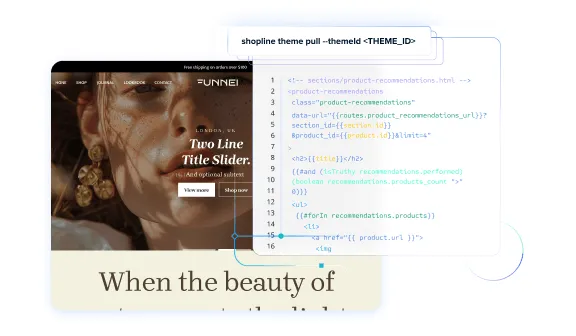 Website screenshot with a fashion image and overlay of code snippet for product recommendations displaying theme pull command.