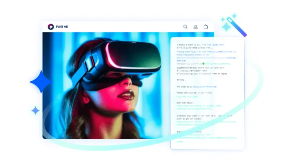 Woman wearing a VR headset in a blue-lit environment with code and UI elements displayed beside her.