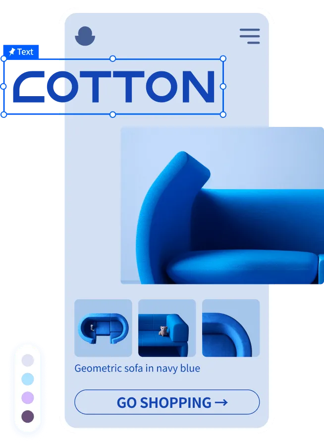 Mobile app interface showing a navy blue geometric sofa with a teddy bear on it and a 'Go Shopping' button.