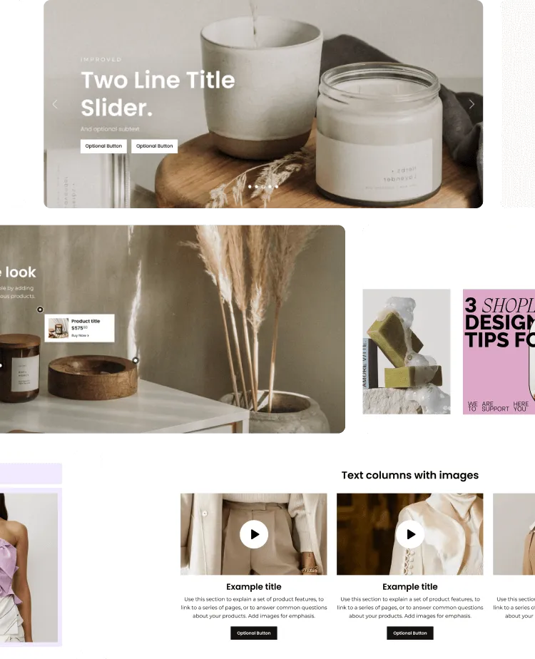 Webpage mockup showing a slider with candles and a cup, product display with wooden decor and pampas grass, and text columns with images of people wearing neutral-toned clothing.