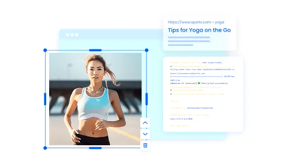Young woman jogging outdoors in athletic wear with a digital interface showing a yoga tips webpage nearby.