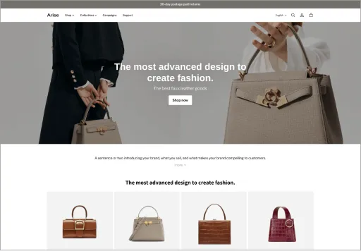 Website homepage showing a stylish woman holding a beige handbag with text promoting advanced fashion design and faux leather goods, followed by a selection of five different handbags below.