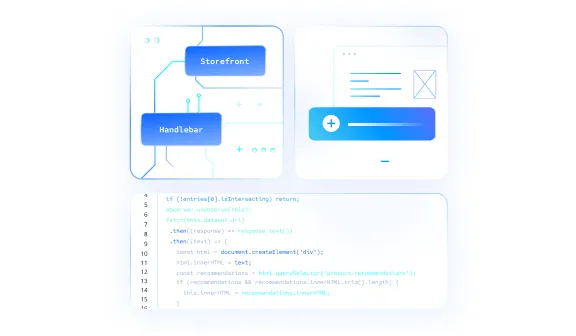Illustration showing two UI panels labeled Storefront and Handlebar above a partially visible code snippet.