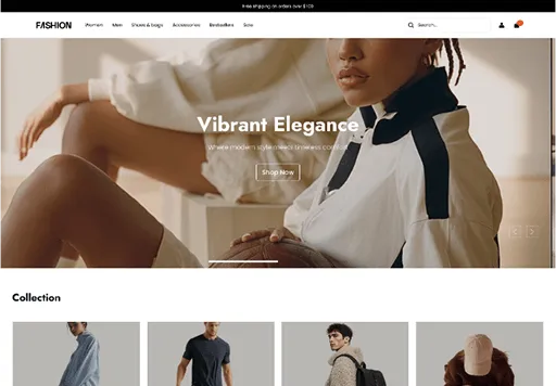Fashion website homepage featuring close-up of a model in a white and black top holding a basketball, with text 'Vibrant Elegance' and a navigation bar above.