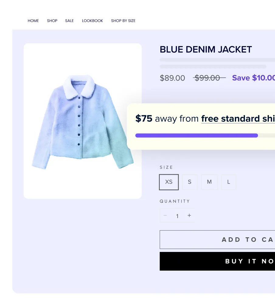 Online shop page showing a light blue denim jacket with a white collar priced at $89, size options from XS to L, and quantity selector.