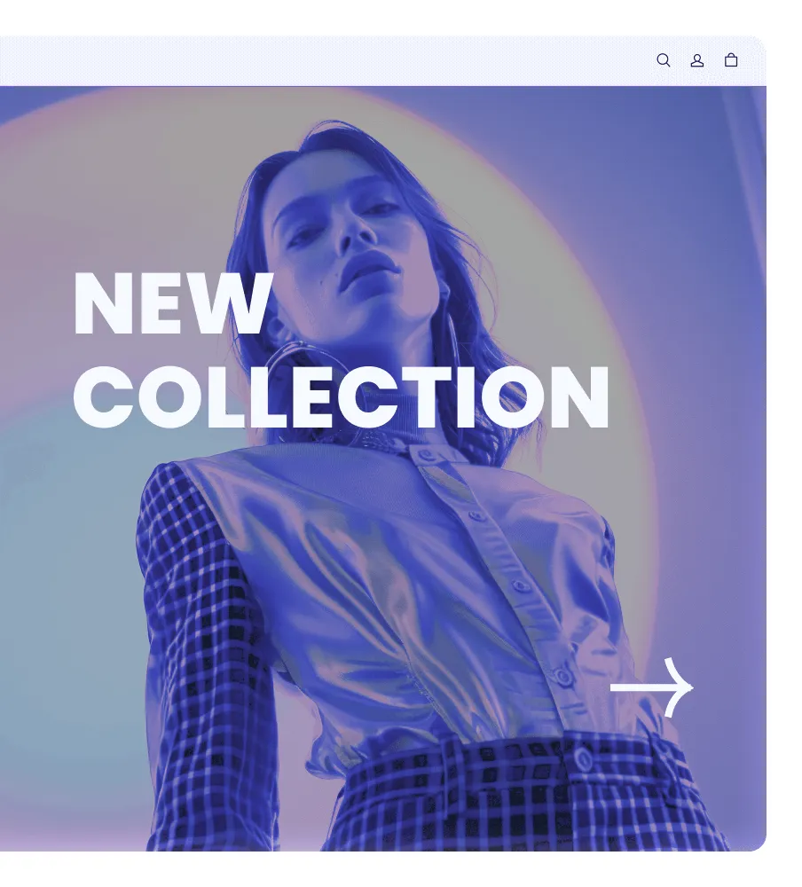 Fashion model wearing a shiny blouse and checkered pants with 'New Collection' text overlay.