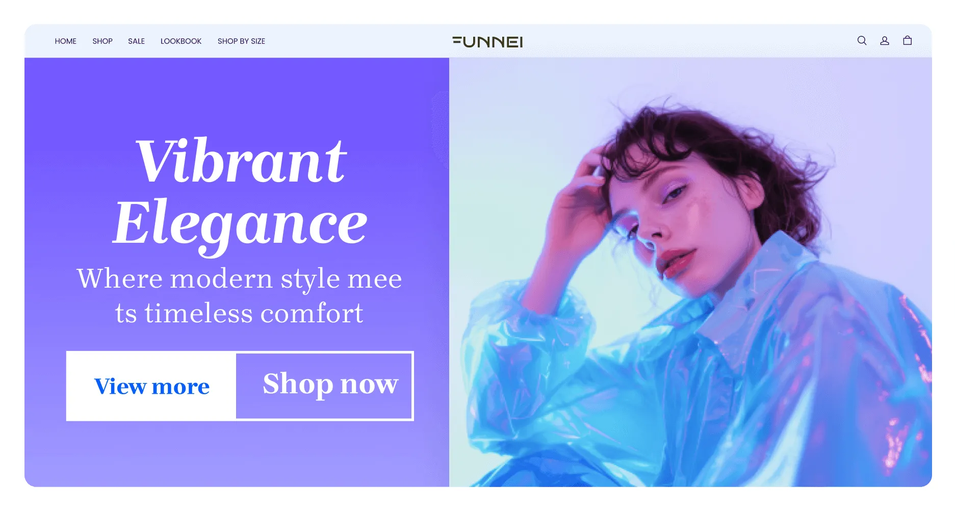 Fashion website banner featuring a woman in a shiny blue jacket with the text Vibrant Elegance and buttons View more and Shop now.