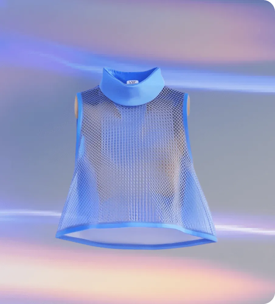 Sleeveless blue mesh top with a high collar floating against a gradient purple and beige background.
