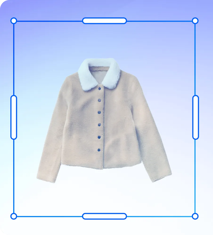 Light beige faux fur jacket with white fluffy collar and front buttons on gradient blue background.