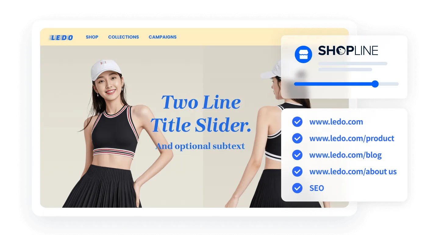 Fashion website homepage featuring a smiling woman in a black crop top and skirt, with text 'Two Line Title Slider. And optional subtext', navigation links SHOP, COLLECTIONS, CAMPAIGNS, and a sidebar showcasing shopline with SEO-related URLs.