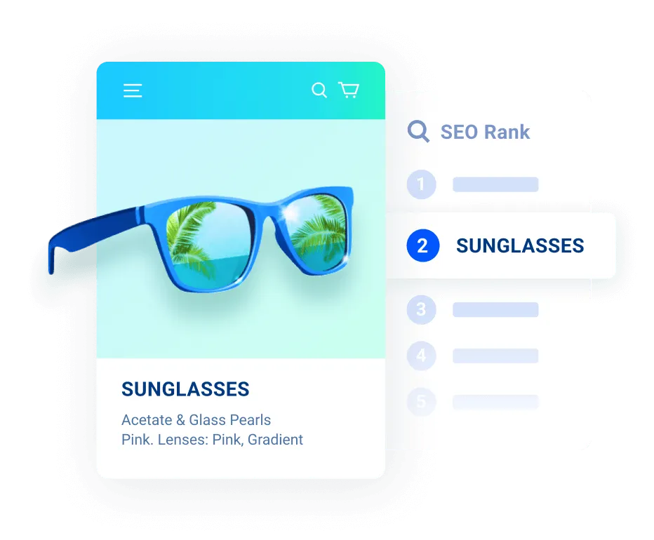 Blue sunglasses reflecting palm trees and ocean on a product page with SEO rank highlighting sunglasses as number two.