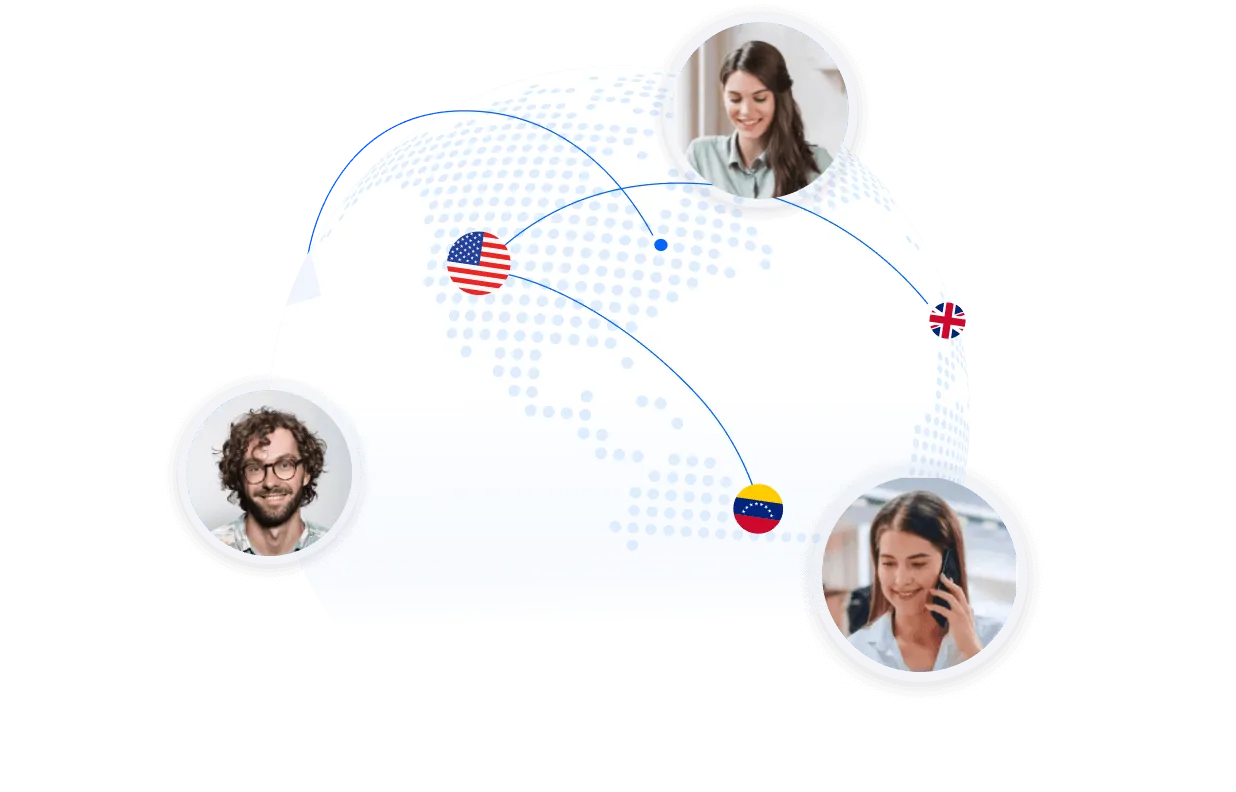 Digital globe with dotted continents connected by lines to three profile photos of people and icons of the USA, UK, and Venezuela flags.