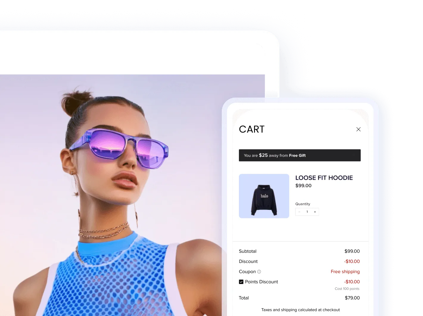 Woman with hair in a bun wearing purple reflective sunglasses and a blue mesh top posing next to a shopping cart interface showing a loose fit hoodie priced at $99 with discounts applied.