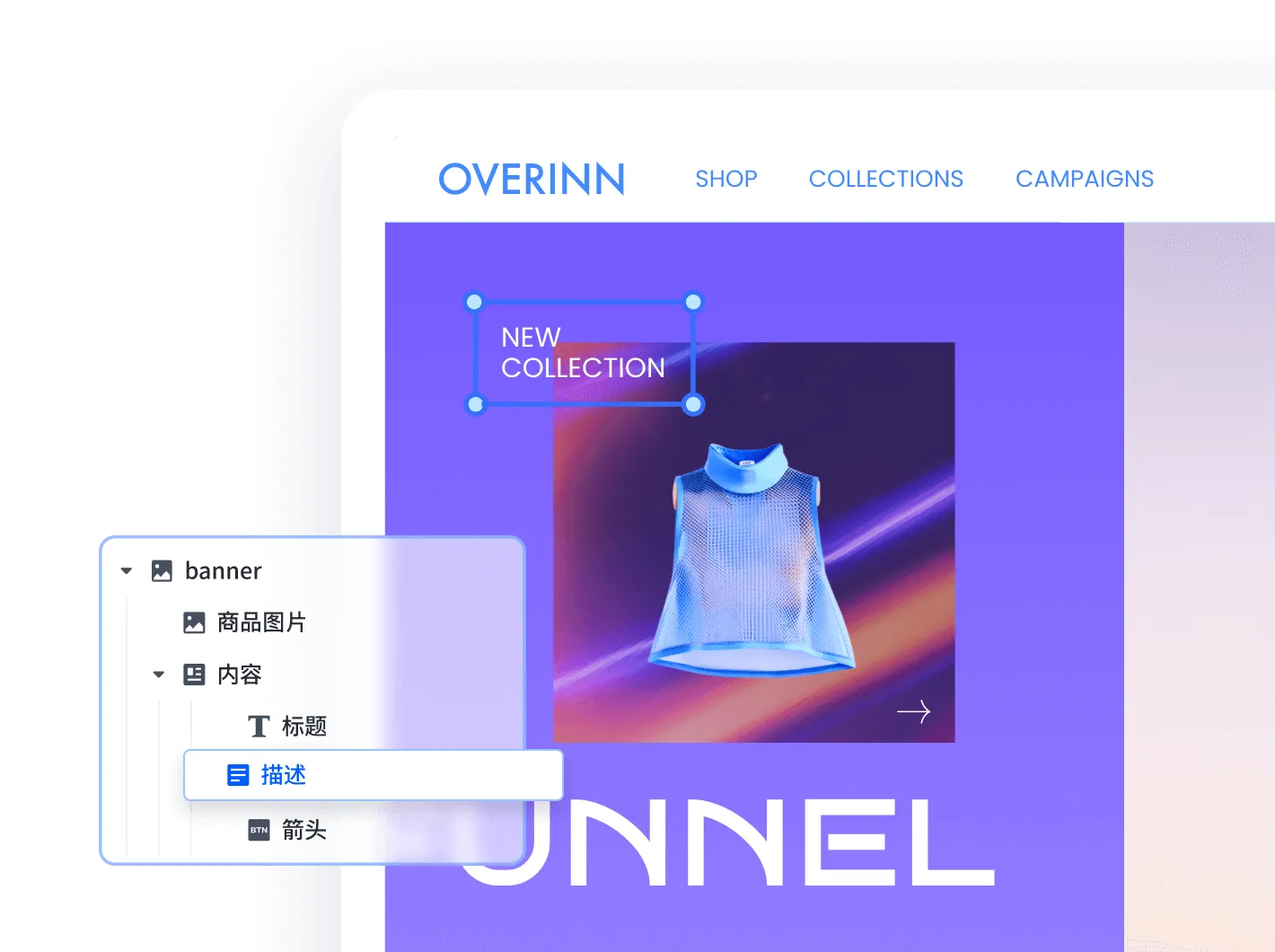 Website banner featuring a blue sleeveless turtleneck top on a purple gradient background with text 'NEW COLLECTION'.