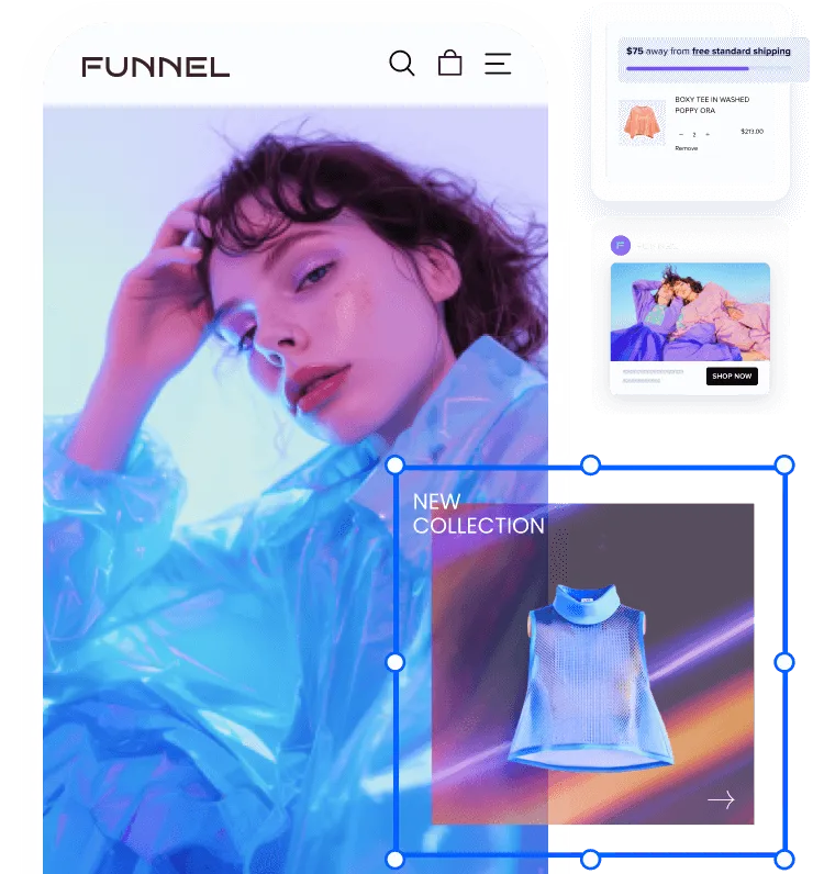 Fashion website homepage featuring a woman in a translucent blue jacket and a highlighted section for a new collection sleeveless top on a dark gradient background.