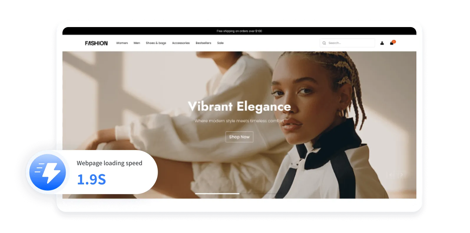 Fashion website homepage with two models, text 'Vibrant Elegance', and a webpage loading speed indicator of 1.9 seconds.