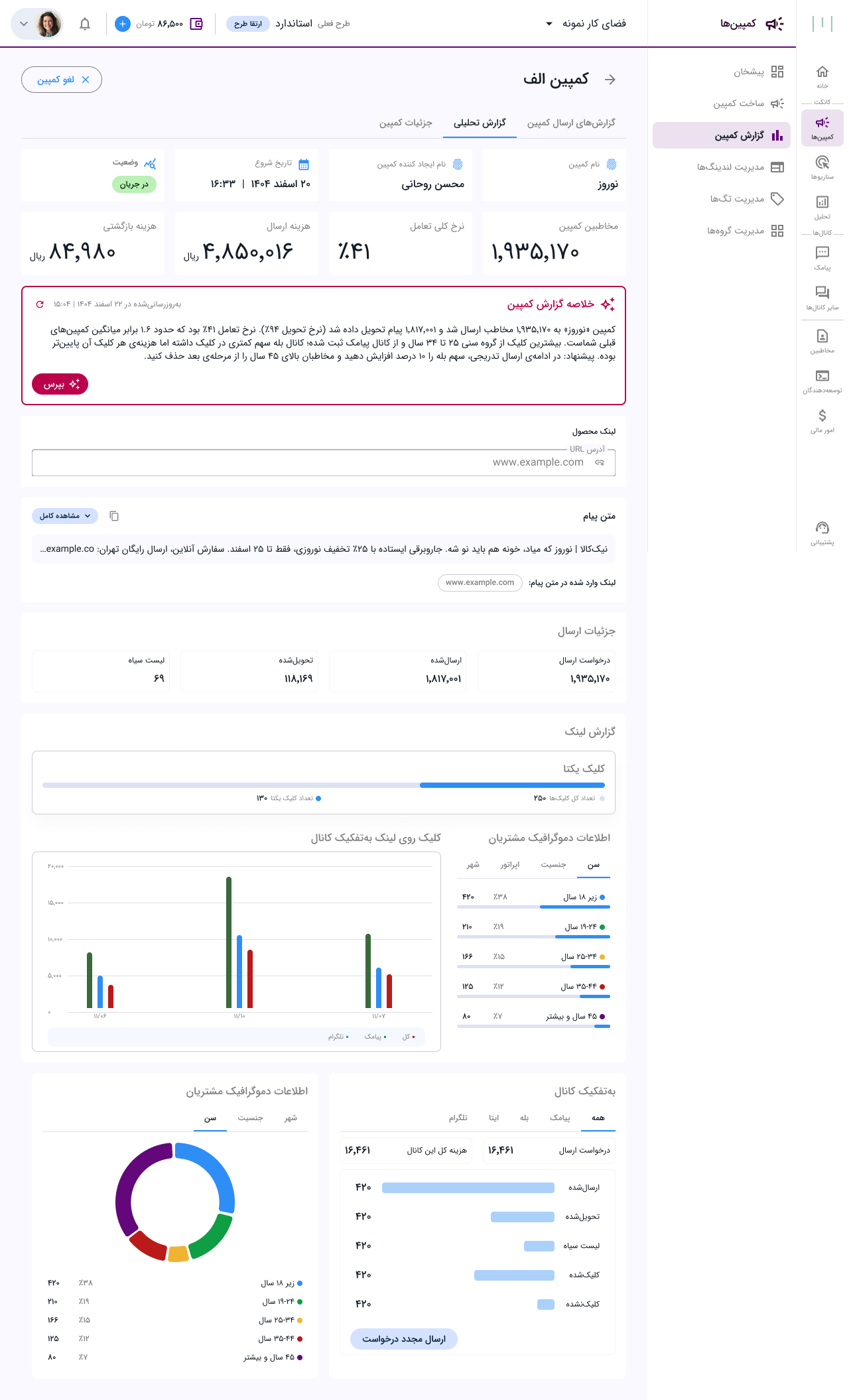 Mediana campaign analytics report with AI-written summary, delivery, engagement and demographic breakdowns
