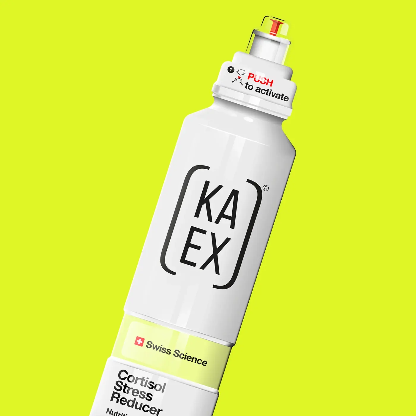 White KAEX cortisol stress reducer supplement bottle with activate push top on bright yellow background.