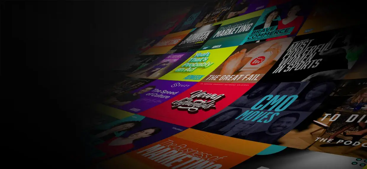 Grid of various colorful podcast show cover images featuring different titles and portraits.