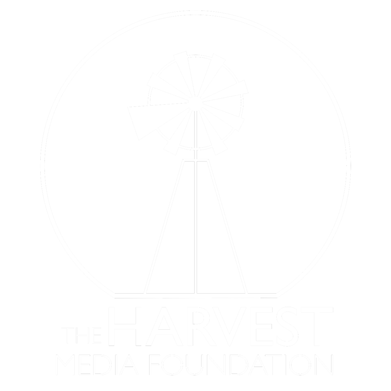 Logo with a white windmill inside a circle above the text 'The Harvest Media Foundation' on a black background.