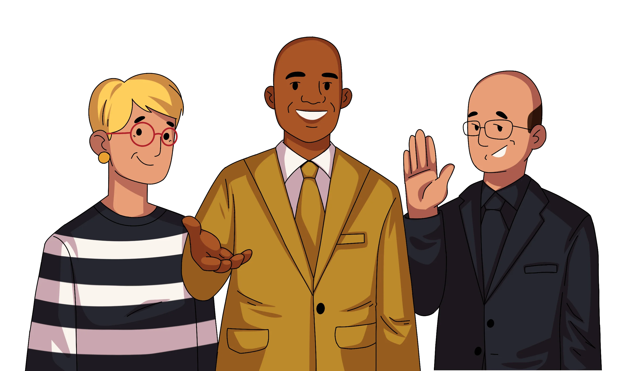 Four diverse young people smiling and raising hands, showing unity and friendliness.