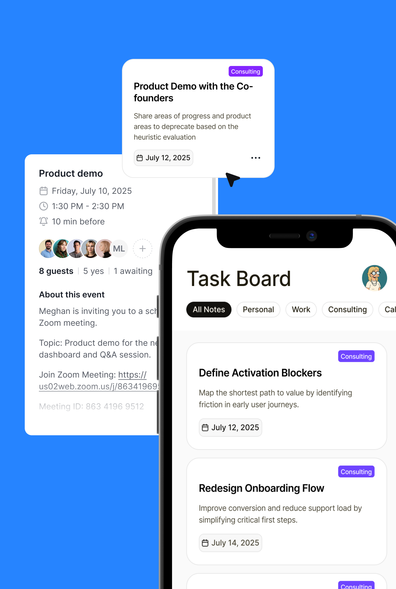 an image reflecting a task board and various task items, including a calendar invite and product demo with cofounders