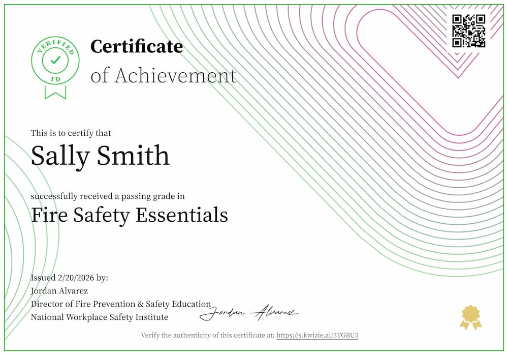 Example certificate that can be issues with Kwizie