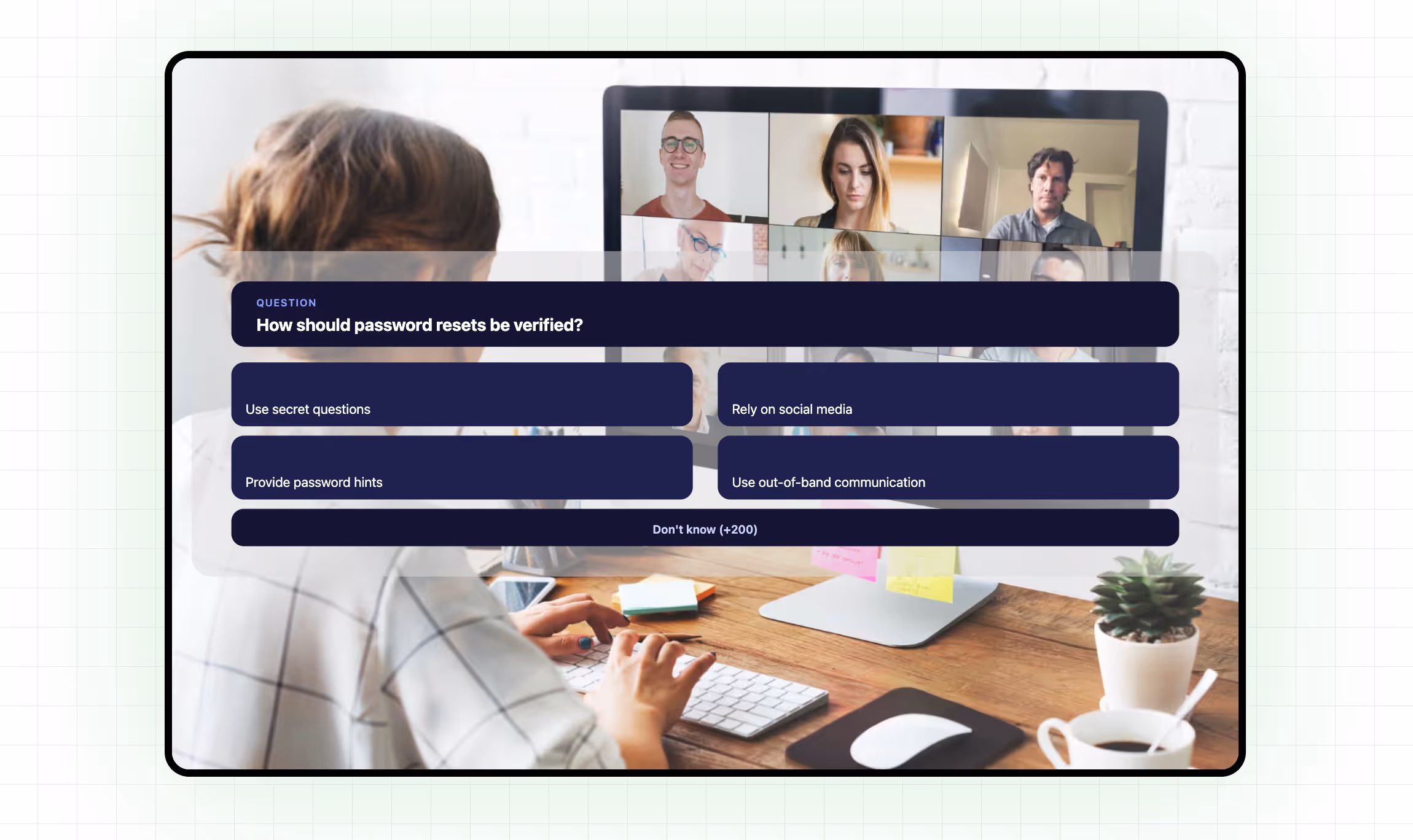 Kwizie webinar training assessment with password reset question and answer options.