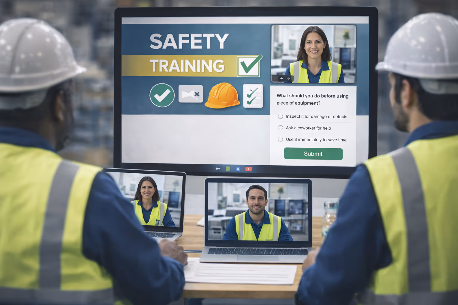 Frontline workers complete online safety training with a live female instructor, embedded assessment, and digital certification workflow.