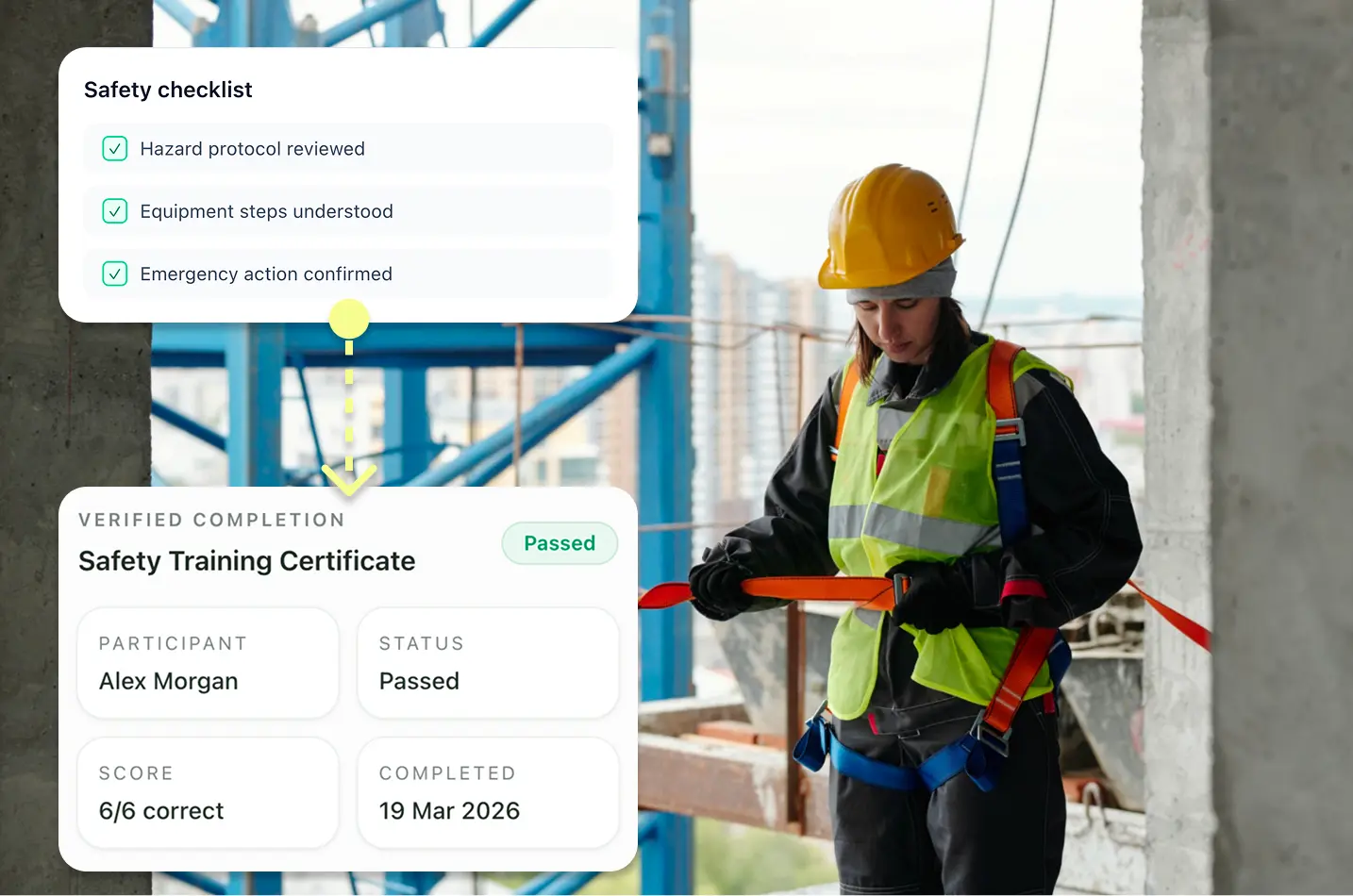 Construction worker completing a mobile safety checklist with verified training certificate and score displayed on screen.