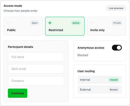 Interface showing training access settings with public, restricted, and invite-only modes, participant fields, and routing options for controlled entry.