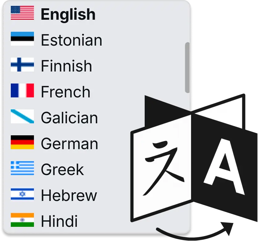 Language selection menu showing multiple options including English, Finnish, French, and German for delivering training in different languages.