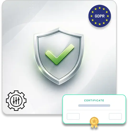 Shield icon with checkmark representing secure training verification, GDPR compliance badge, and certificate issued after completion