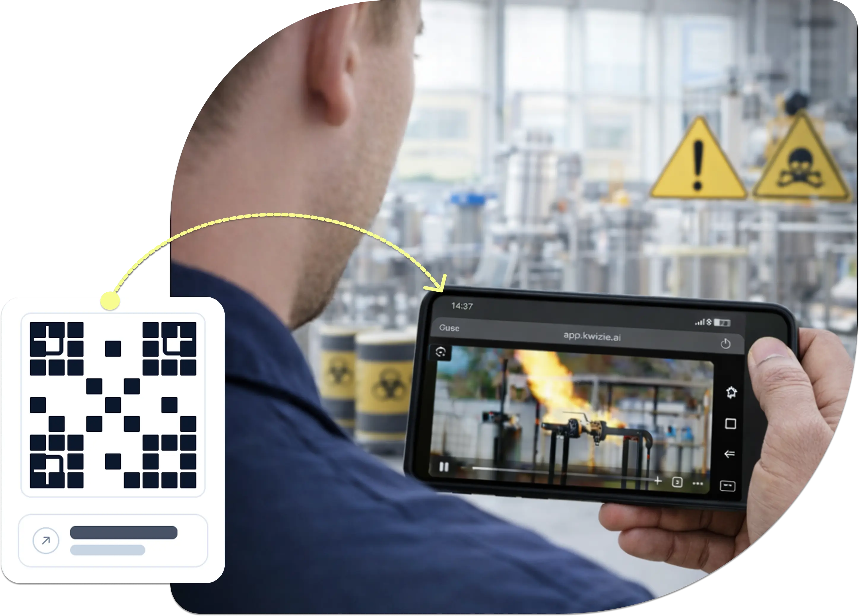 Worker viewing safety training video on mobile in industrial setting with QR code for quick access and training delivery on site