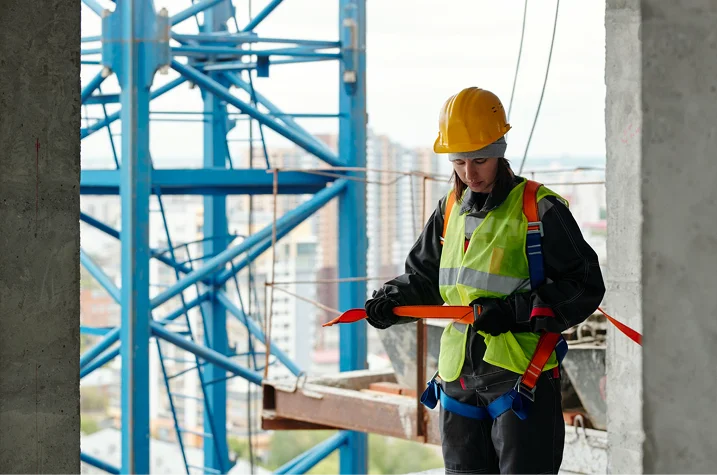 Construction worker wearing helmet and safety harness inspecting equipment on building site during safety training or compliance check
