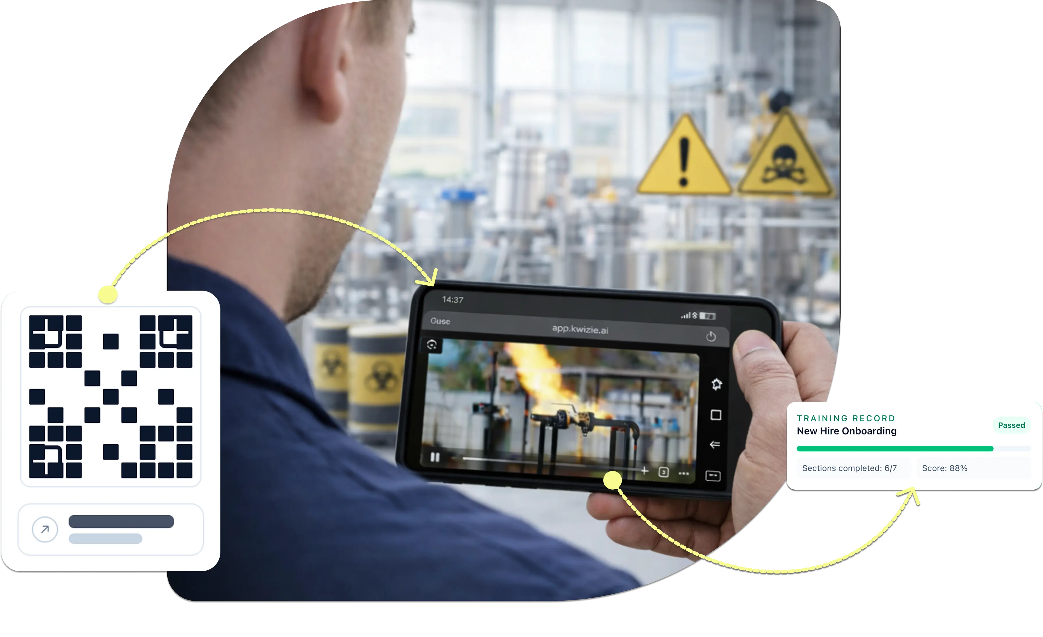 Worker viewing safety training on mobile with QR code access and overlay showing onboarding record with completion progress and score