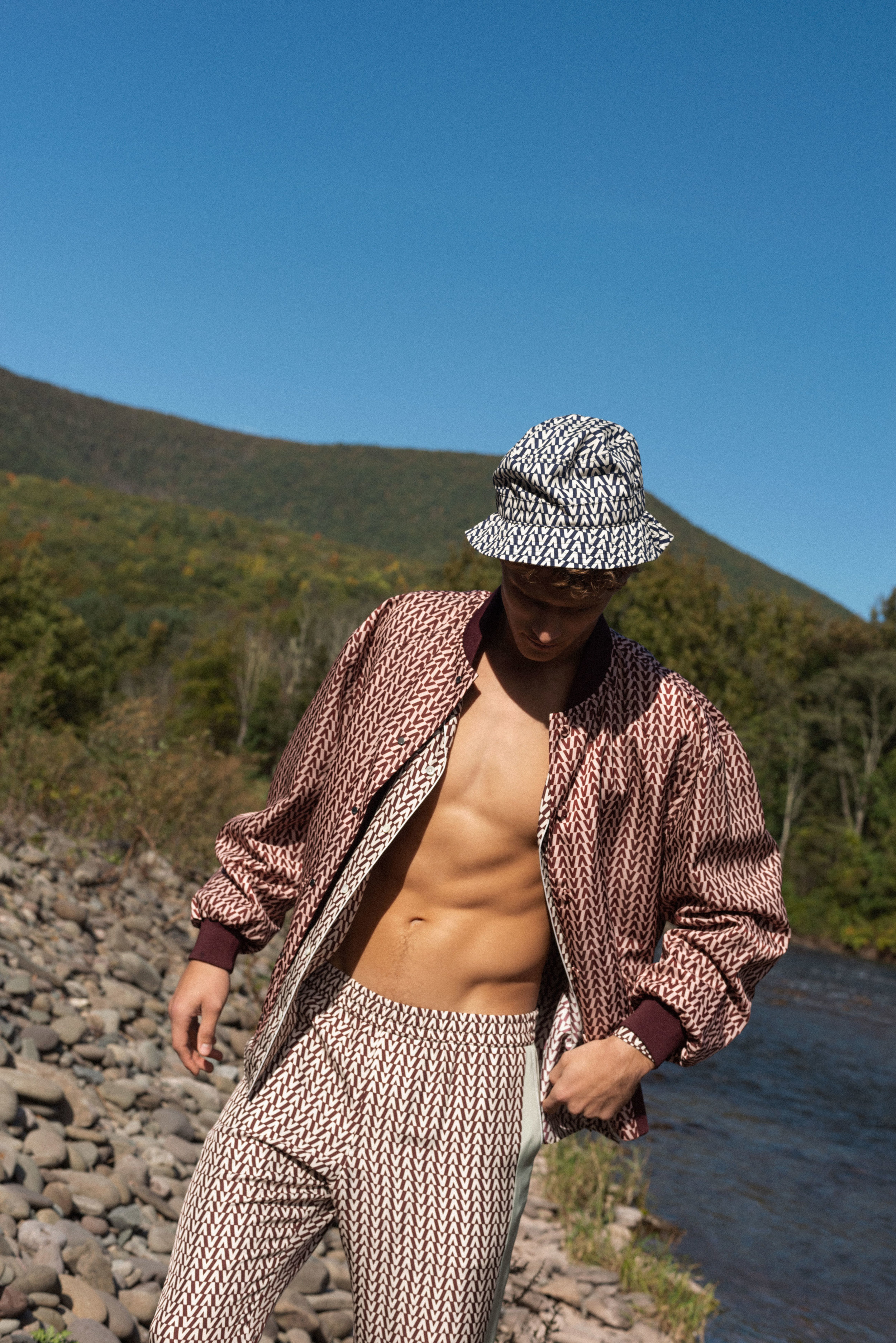 VALENTINO, jacket, shirt, pants and hat.