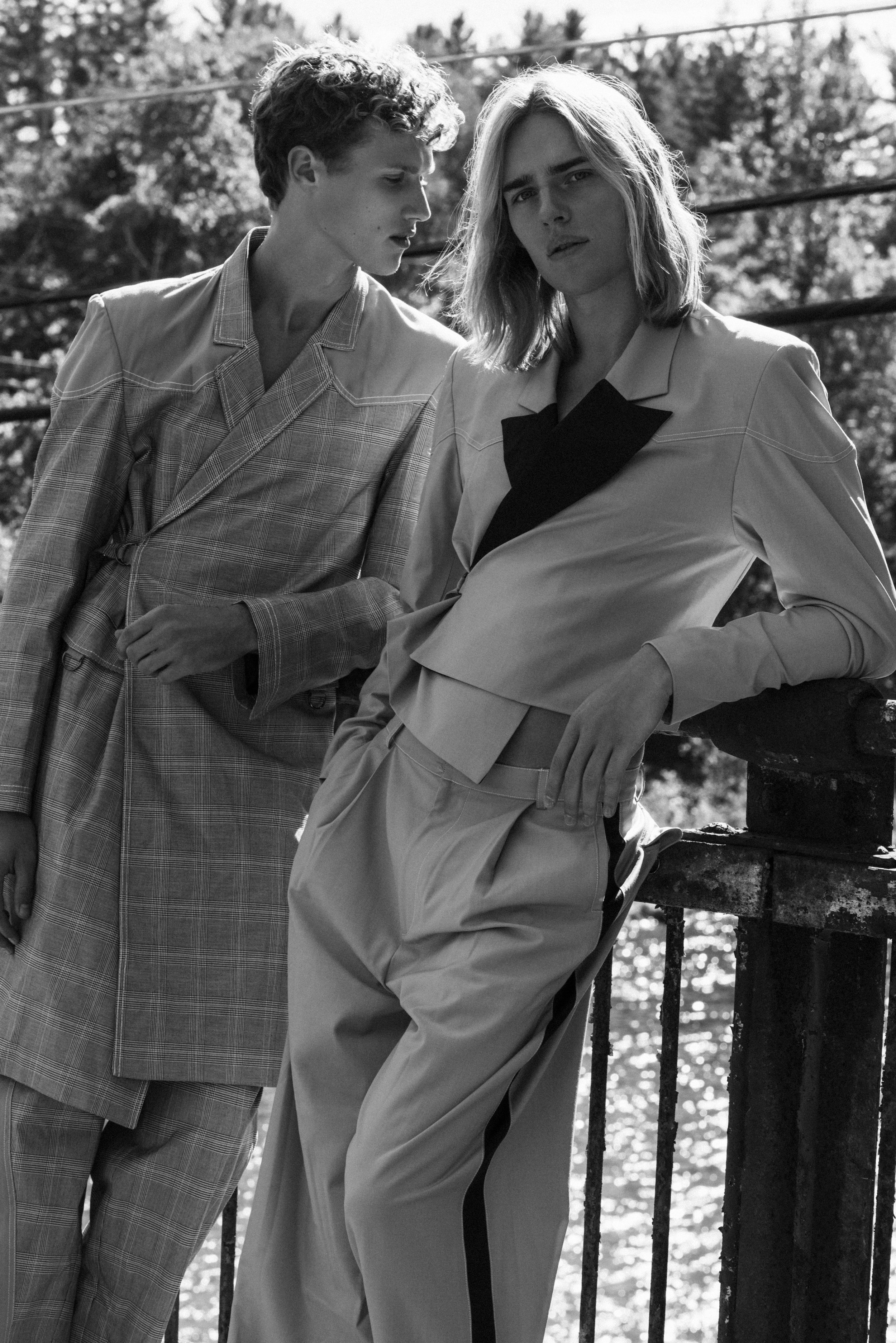 Left to right: PYER MOSS suit. PYER MOSS jacket and pants.