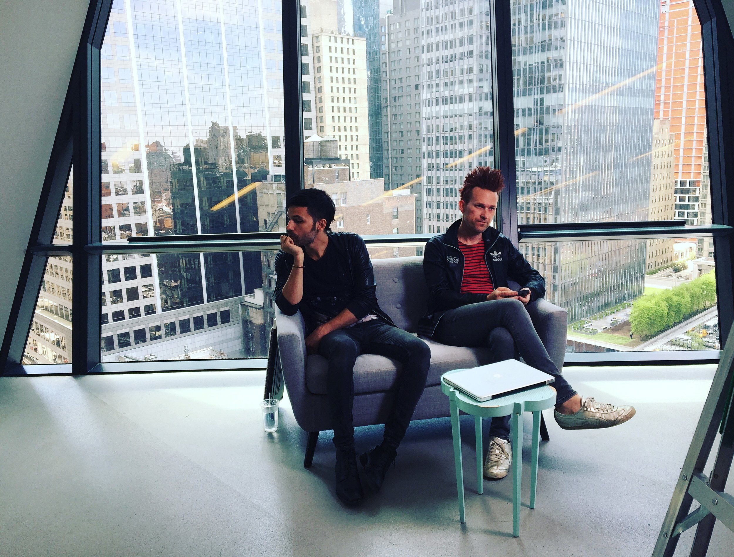 Brandon and I in what appears to be deep thought while waiting at Marie Claire to perform stripped down versions of Rise and Fall, After Dark and Drones.