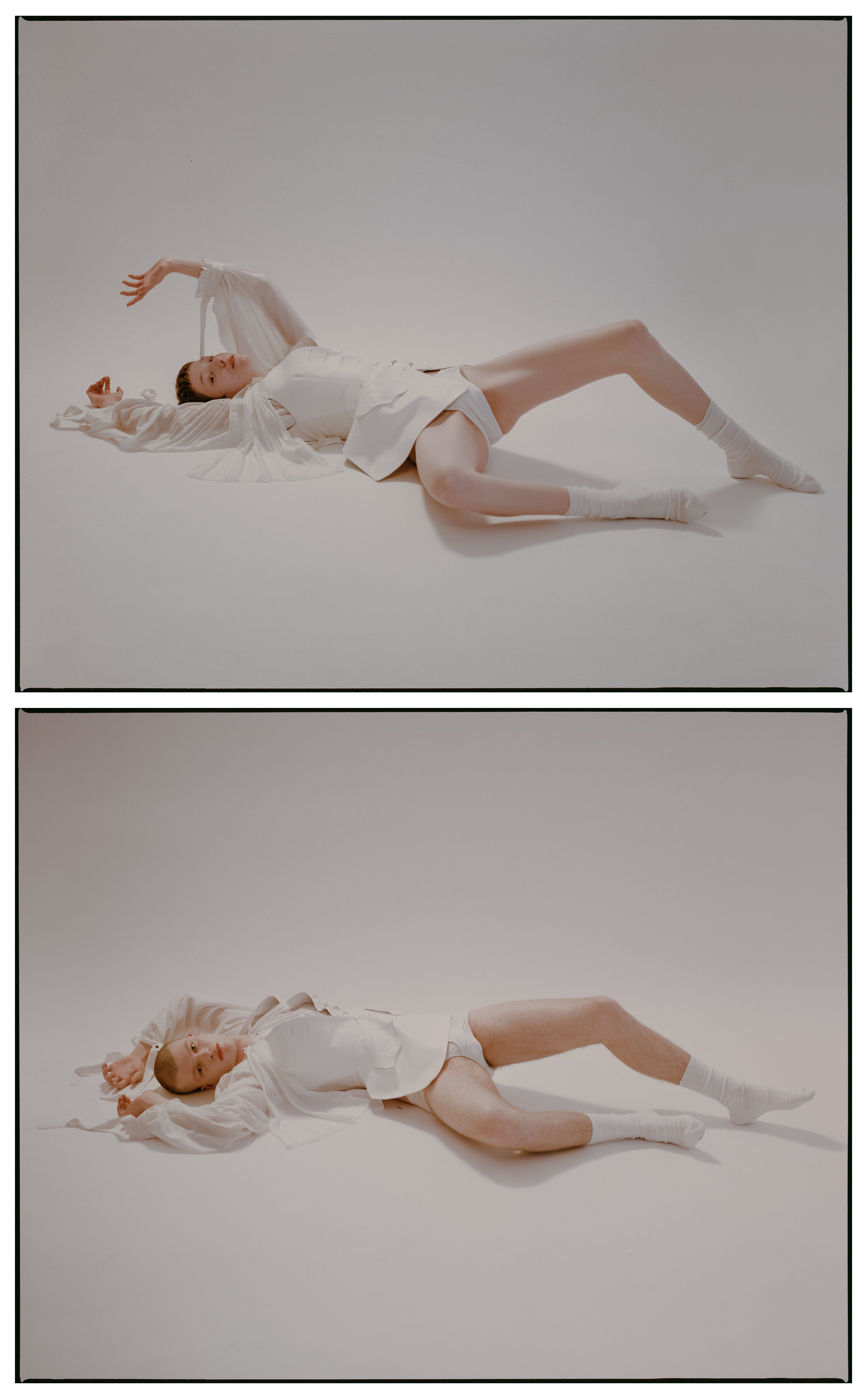 LOUIS VUITTON vest and blouse and stylist’s own underwear and socks.