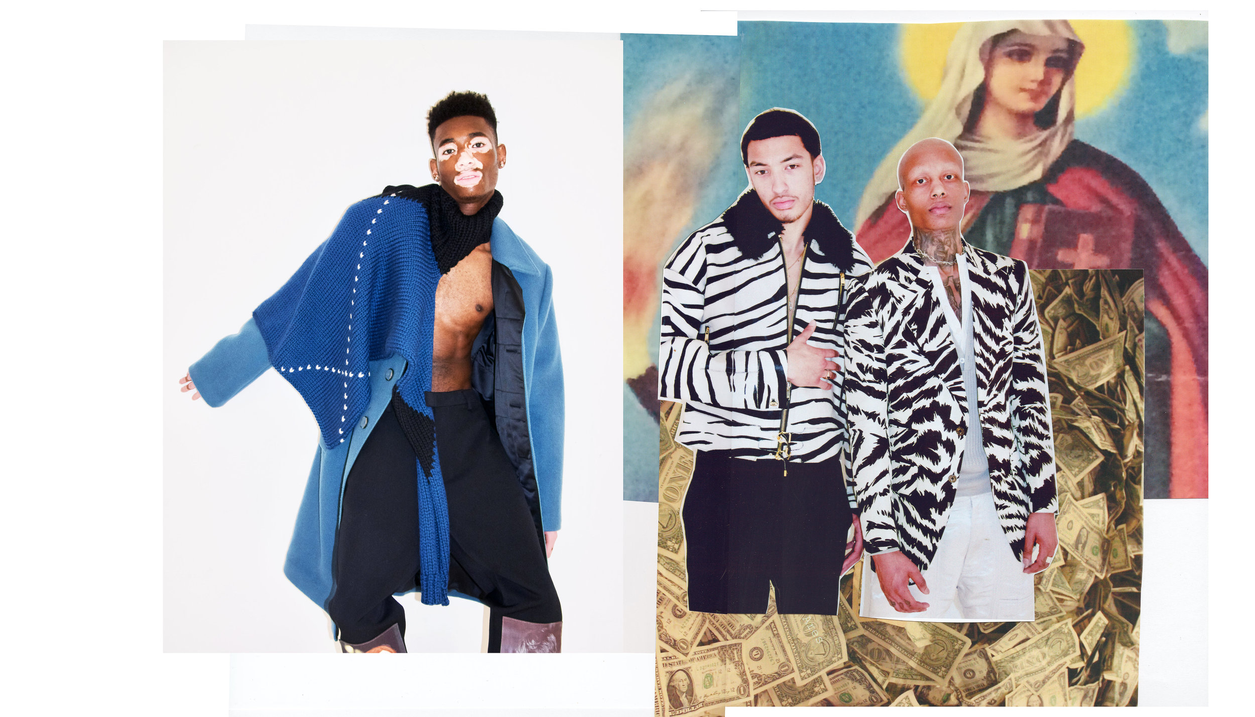 Left to right: VERSACE jacket and pants. TOM FORD jacket, shirt, and pants.