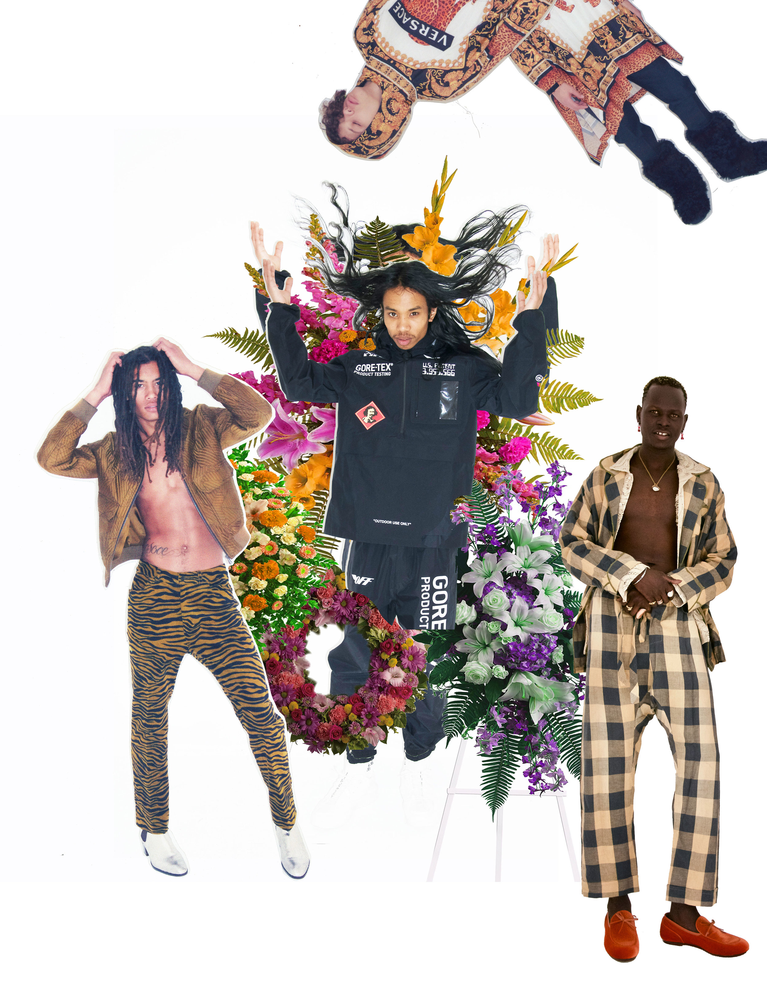Left to right: BOTTEGA VENETA jacket, and pants and TOM FORD shoes. OFF-WHITE C/O VIRGIL ABLOH jacket and pants and NIKE X COMME DES GARÇONS sneakers. VERSACE poncho and pants and SAINT LAURENT BY ANTHONY VACCARELLO shoes. BODE jacket, shirt, and pa…
