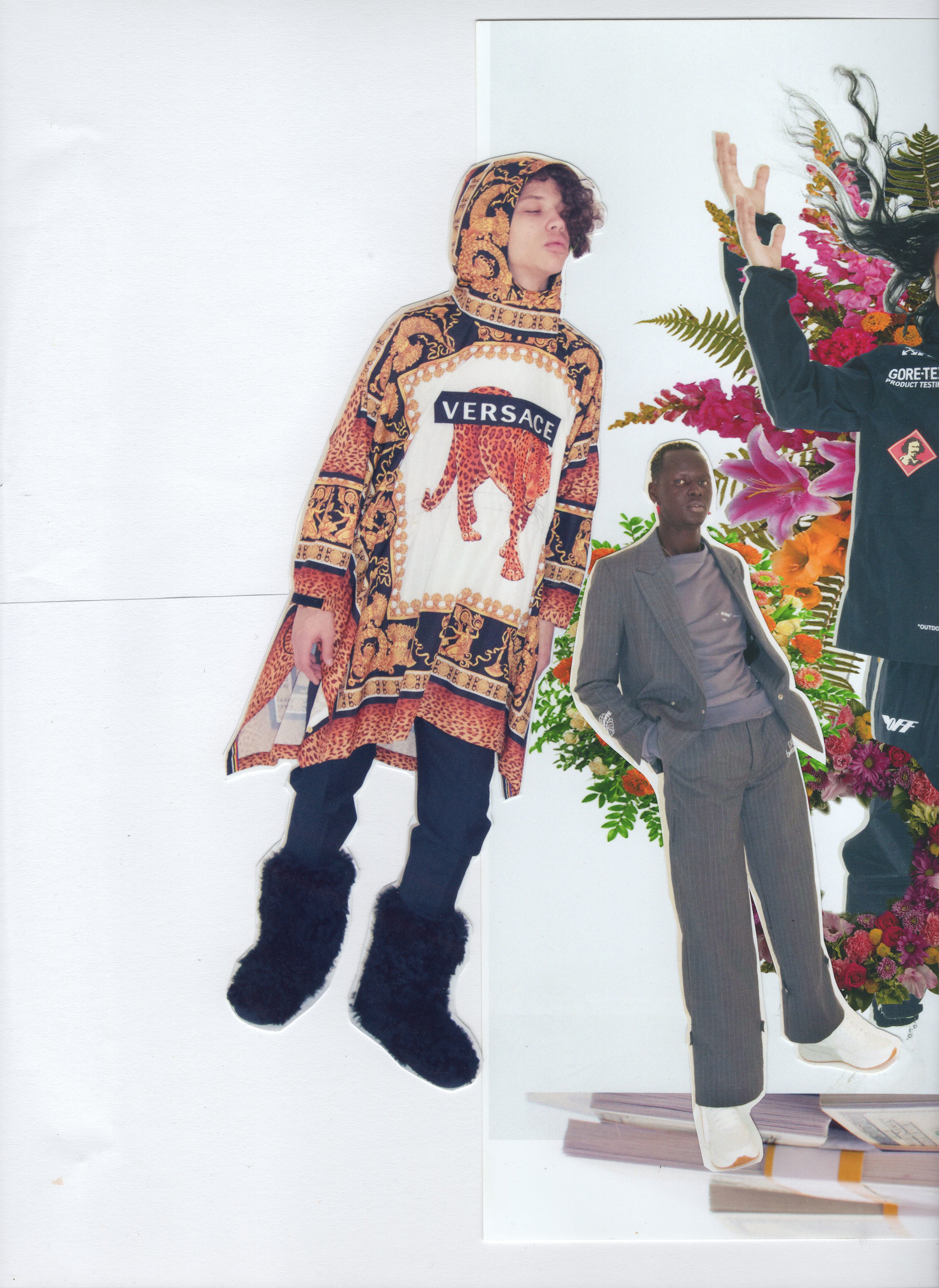 Left to right: VERSACE poncho and pants, and SAINT LAURENT BY ANTHONY VACCARELLO shoes. OFF-WHITE C/O VIRGIL ABLOH suit, t-shirt, and ALEXANDER MCQUEEN sneakers. OFF-WHITE C/O VIRGIL ABLOH jacket and shorts.