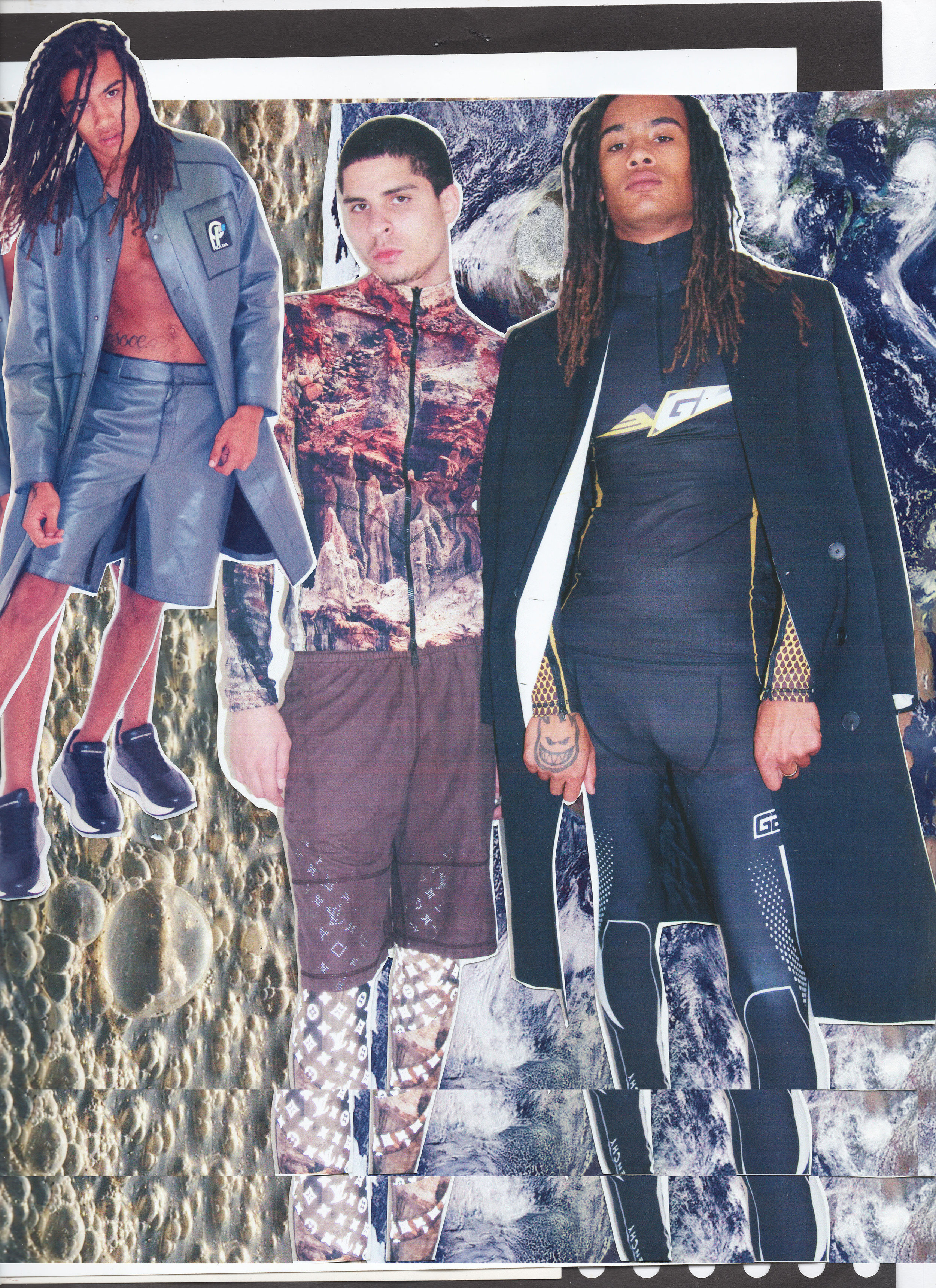 Left to right: PRADA coat and shorts, and ALEXANDER MCQUEEN shoes. LOUIS VUITTON shirt, shorts, and tights. GIVENCHY coat, shirt, and tights.