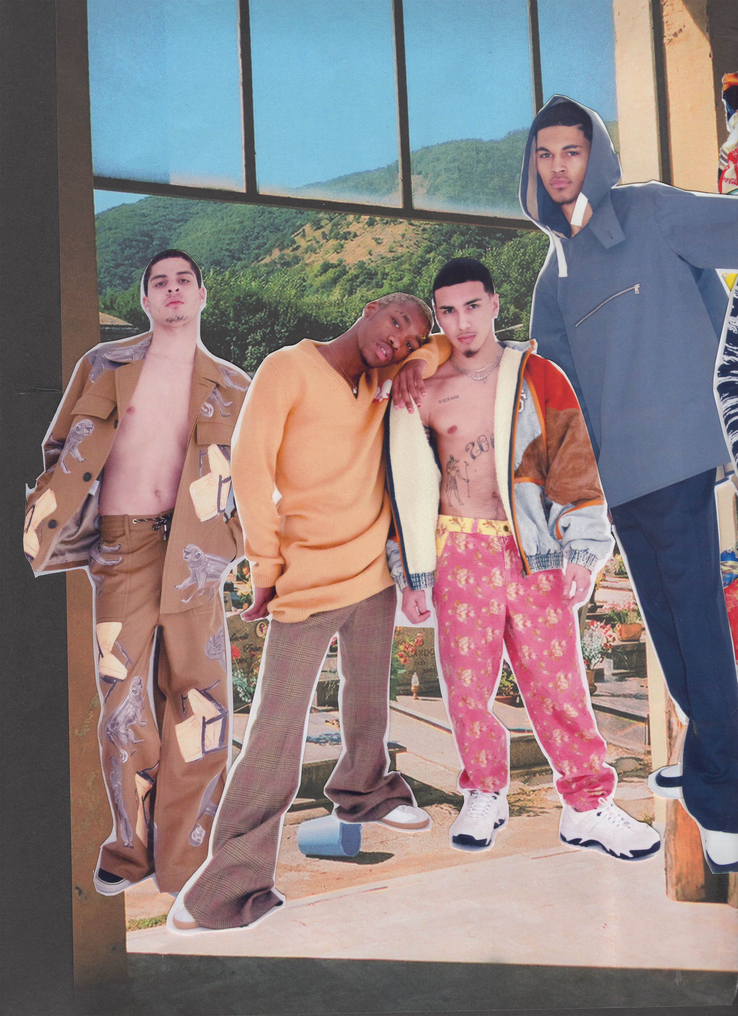 Left to right: MARNI jacket and pants and CONVERSE shoes. GUCCI sweater and pants, and GOLA shoes. GUCCI jacket and pants and ALEXANDER MCQUEEN shoes. JIL SANDER sweater and pants and ALEXANDER MCQUEEN shoes.