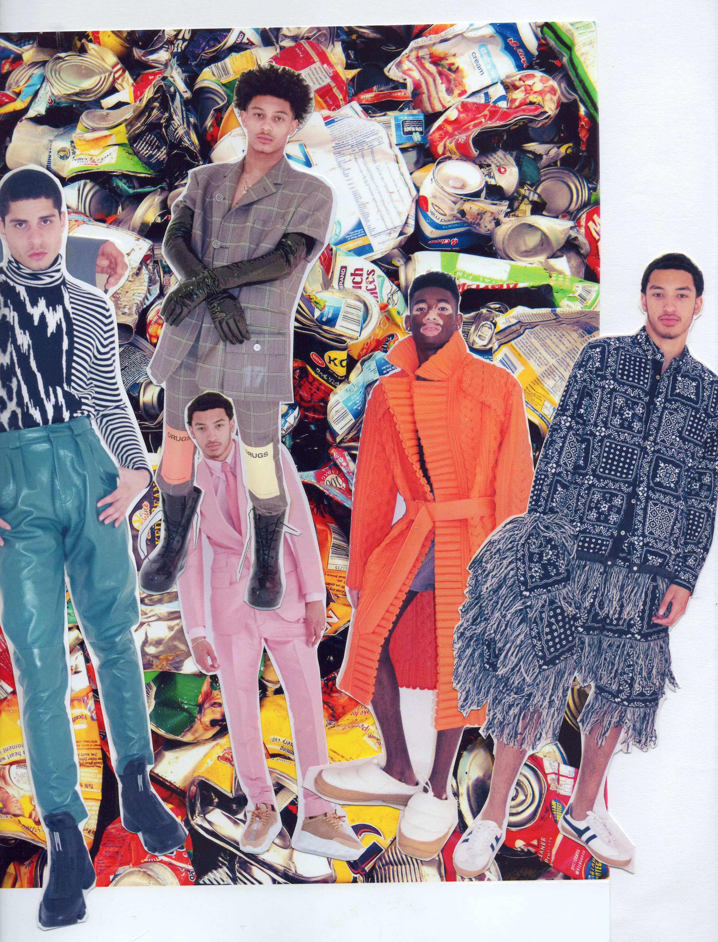 Left to right: GIVENCHY sweater, pants, and shoes. RAF SIMONS jacket, pants, and shoes. TOM FORD suit, shirt, and tie, and VERSACE shoes. MAISON MARGIELA coat and shoes. SACAI jacket, shorts, and shawl, and GOLA shoes.
