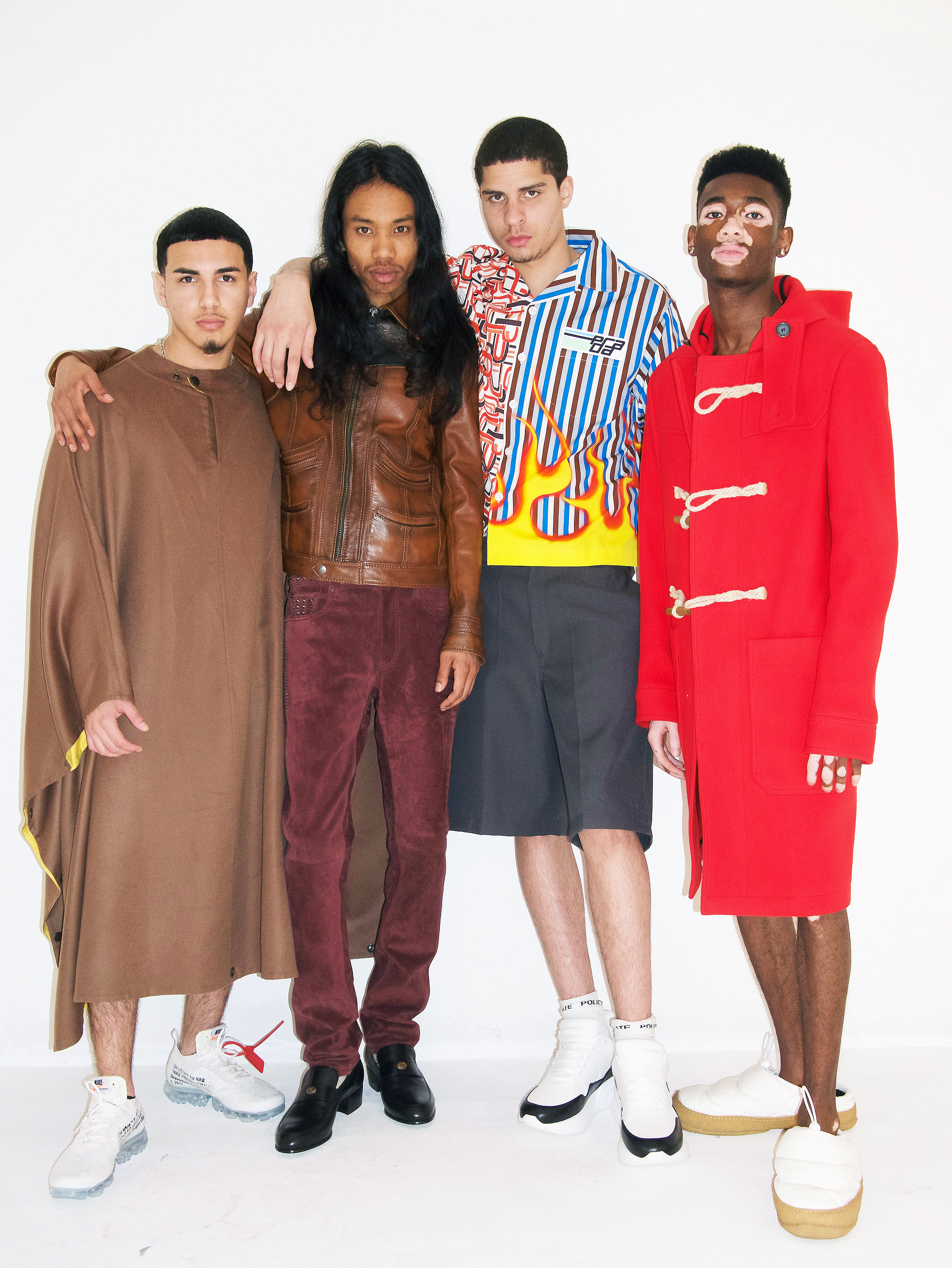 Left to right: BOSS poncho and NIKE X OFF-WHITE shoes. COACH 1941 jacket and pants and GUCCI shoes. PRADA shirt and shorts and ALEXANDER MCQUEEN sneakers. AMI ALEXANDRE MATTIUSSI coat and MAISON MARGIELA shoes.