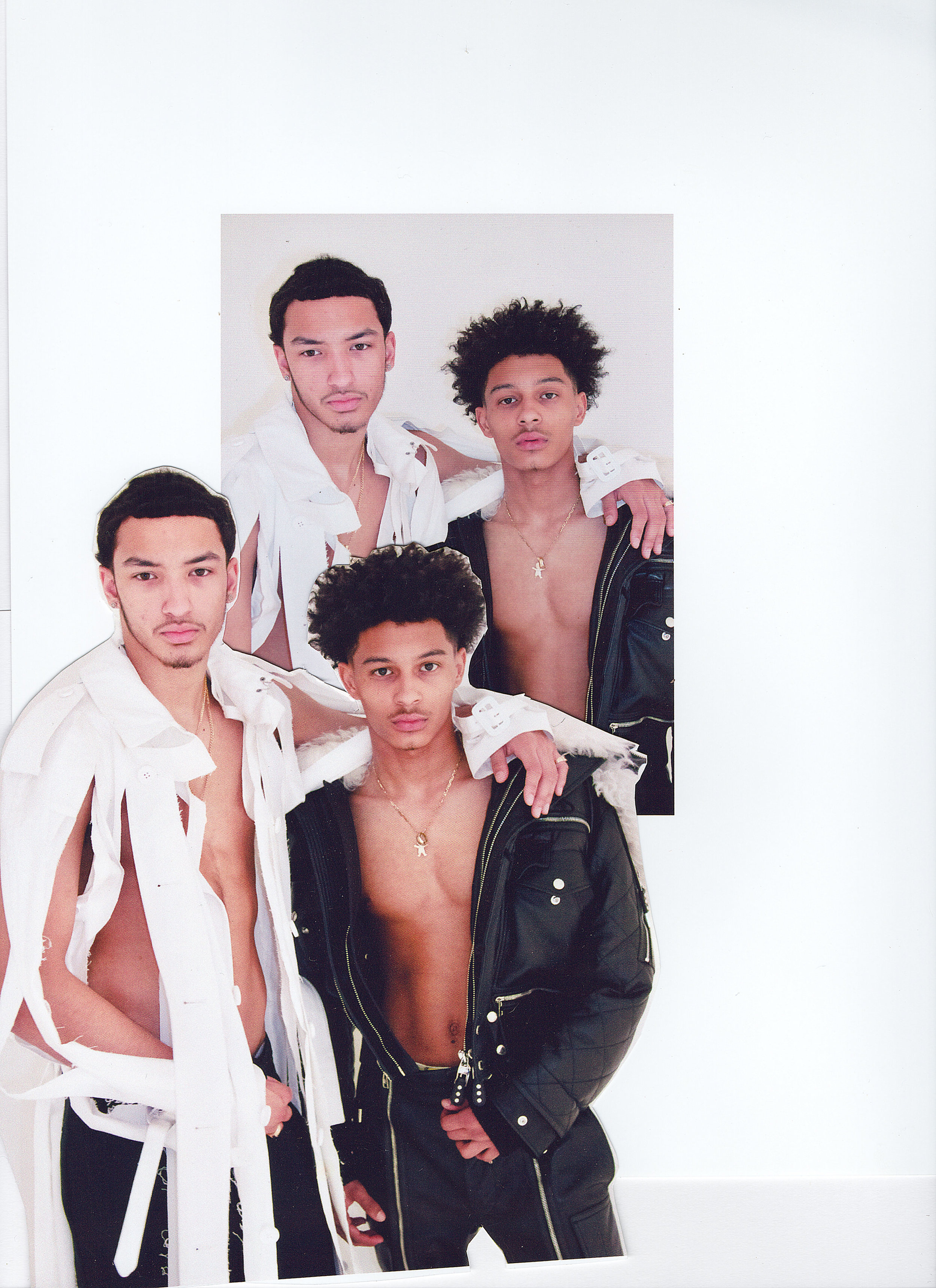 Left to right: MAISON MARGIELA coat and ALEXANDER MCQUEEN pants. ALEXANDER MCQUEEN jacket and pants.