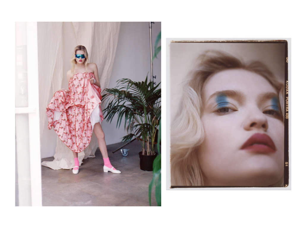 SIMONE ROCHA dress, CHANEL shoes and bracelet, OAKLEY sunglasses, and stylist’s own socks.