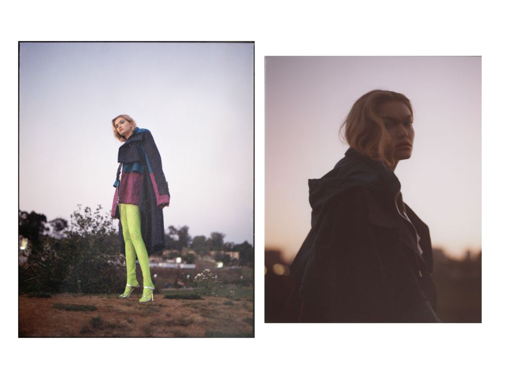 SACAI coat, GUCCI tights, and MIU MIU shoes.